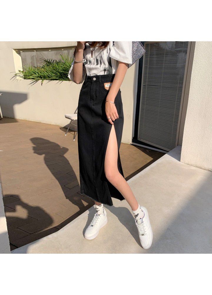 High waist side split denim skirt for women in summer 2021