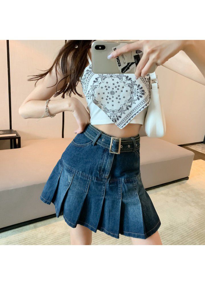 Skirt A-line summer thin 2021 new high waist loose thin fashion pleated denim skirt small skirt