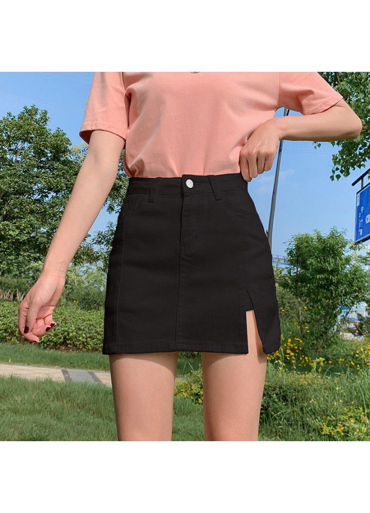 Real photo 2021 summer new net red anti light elastic high waist split denim skirt