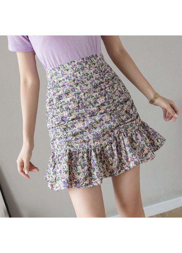 Real shot 2021 summer new Korean floral A-line short skirt, versatile high waist Ruffle Skirt