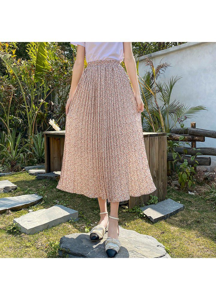Real photo 2021 summer new high waist and thin temperament chiffon skirt versatile long skirt women's pleated floral skirt
