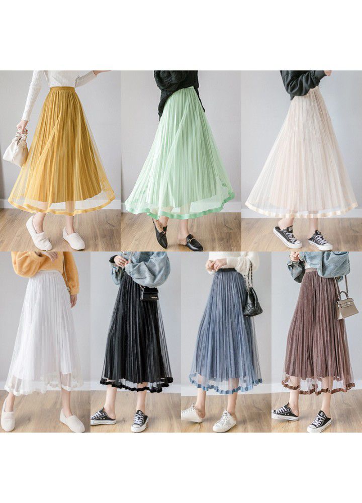 Real shot 2020 spring new Korean splicing velvet pleated gauze skirt women's mid length Fairy Dress