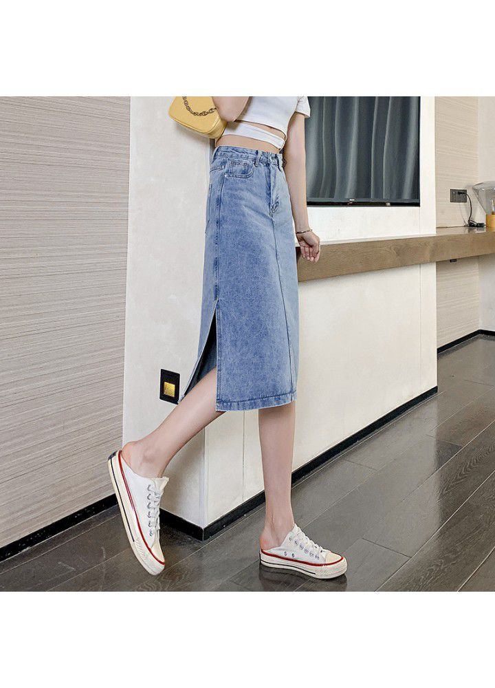 Denim skirt women's summer high waist thin cotton slim split length skirt Korean new A-line skirt batch