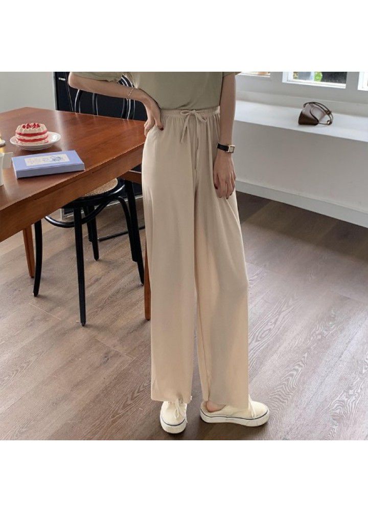 Ice silk wide leg pants women's high waist 2021 summer new thin vertical loose straight knitted casual pants