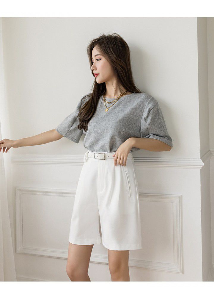 2021 spring and summer new casual pants women's High Waist Wide Leg Pants show thin suit 5-point shorts loose straight belt