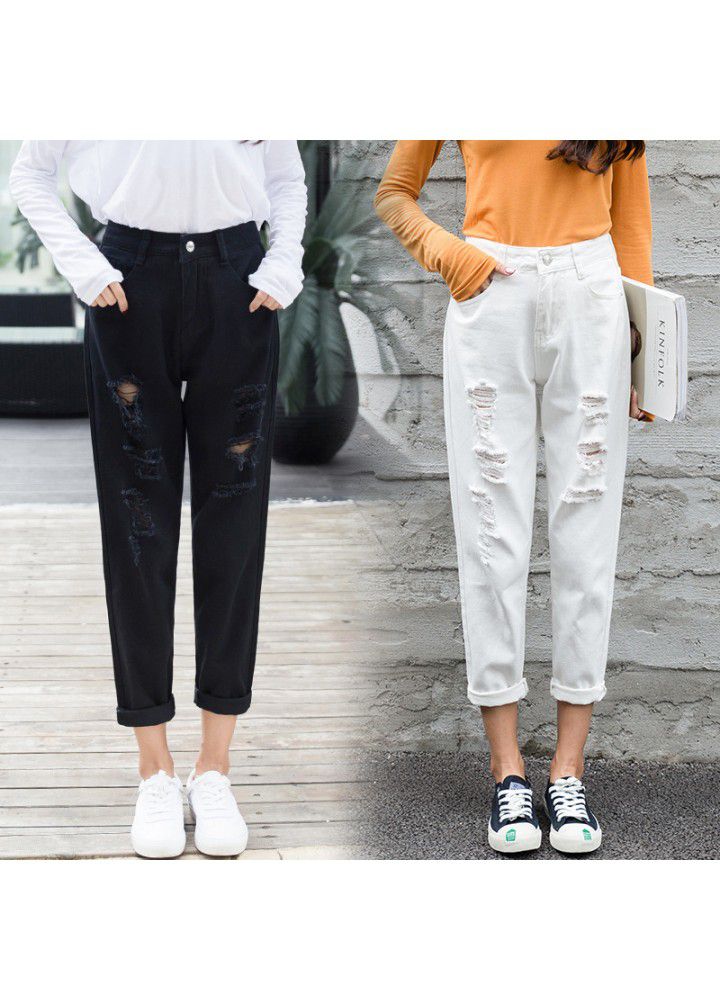 2021 summer new perforated jeans women's Capris Korean fashion BF loose and Slim small foot 9-point Harem Pants