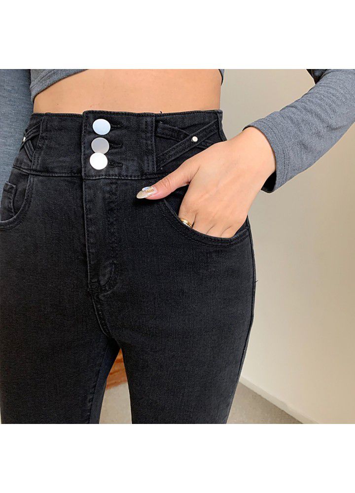 2021 new breasted high waist skinny jeans for women in spring and Autumn