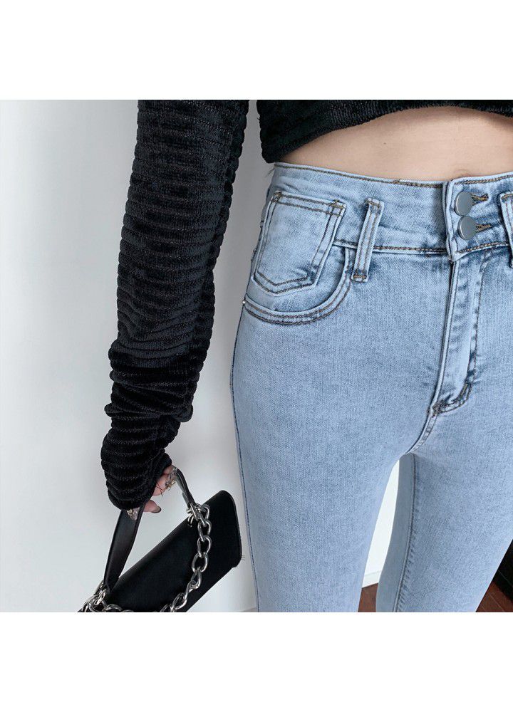 Real photo of beige jeans female 2021 spring new high waist slim tight elastic Leggings pencil pants fashion