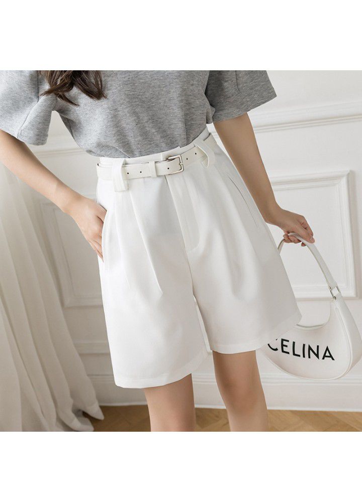 2021 spring and summer new casual pants women's High Waist Wide Leg Pants show thin suit 5-point shorts loose straight belt