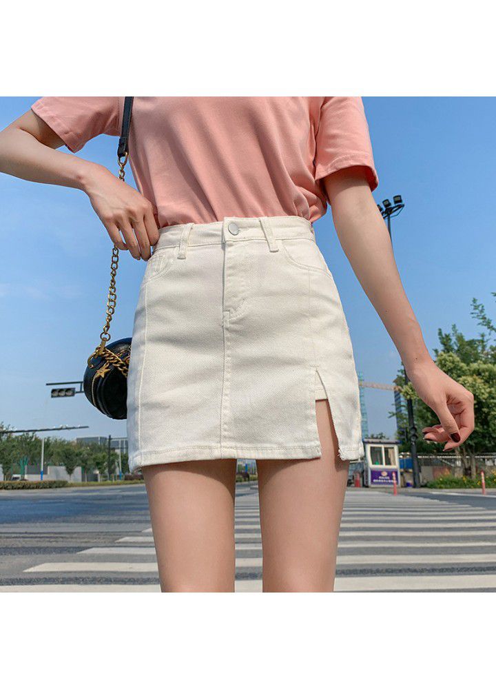 Real photo 2021 summer new net red anti light elastic high waist split denim skirt