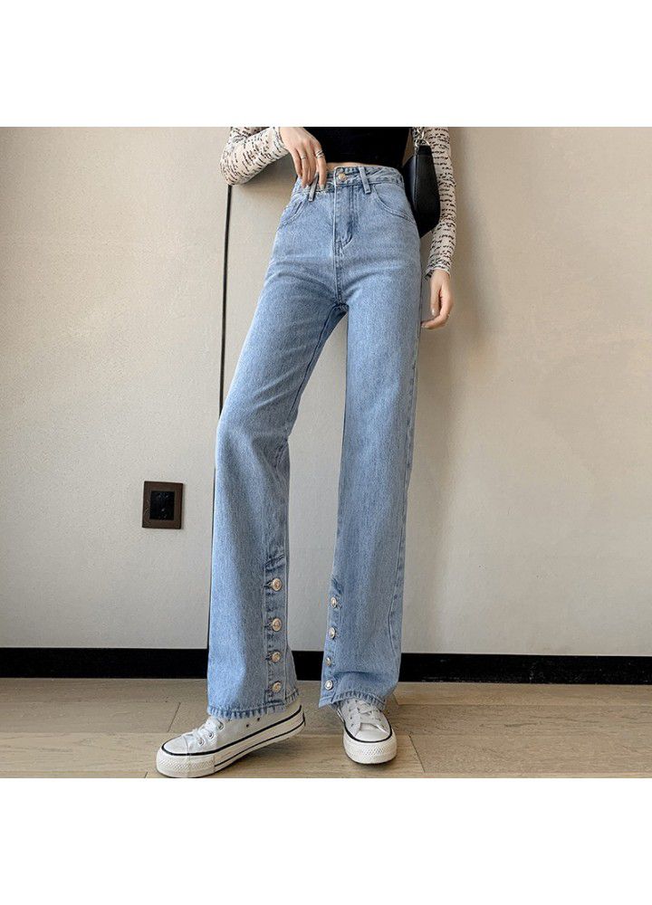 2021 spring and summer new split jeans women's straight tube loose mop pants pants wide leg pants high waist