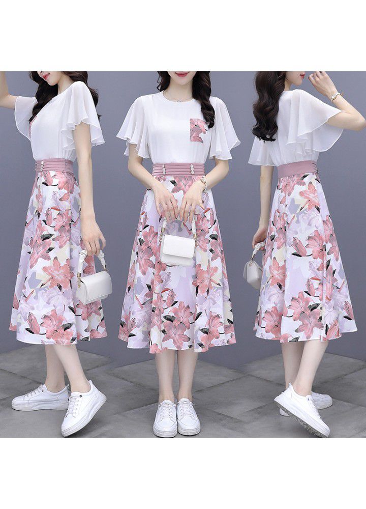 Skirt suit women's summer dress 2021 new slim T-Shirt Top printed half length skirt two piece women's dress
