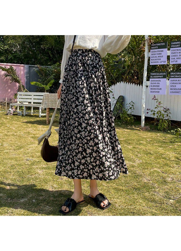 Real shot floral skirt women's 2021 summer mid length skirt high waist and thin A-line skirt long Chiffon pleated skirt women's dress