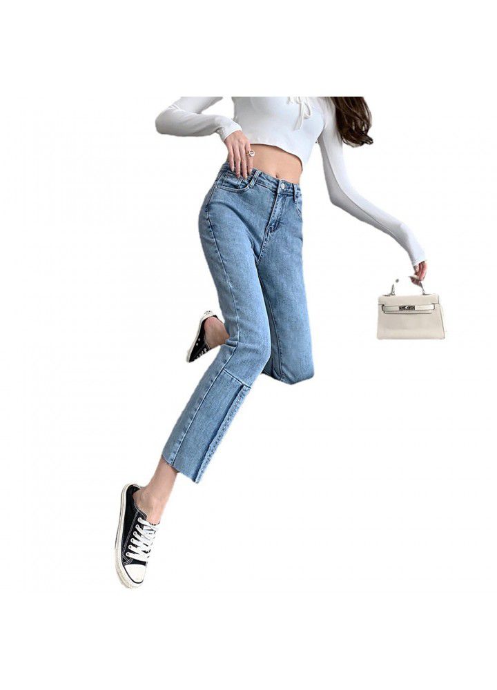 Real photo of spring 2021 stretch jeans women chic straight tube splicing show thin high waist 9% summer fashion