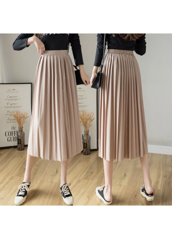 Spring and summer 2021 new Korean press fold breasted skirt elastic waist large pleated skirt medium length skirt