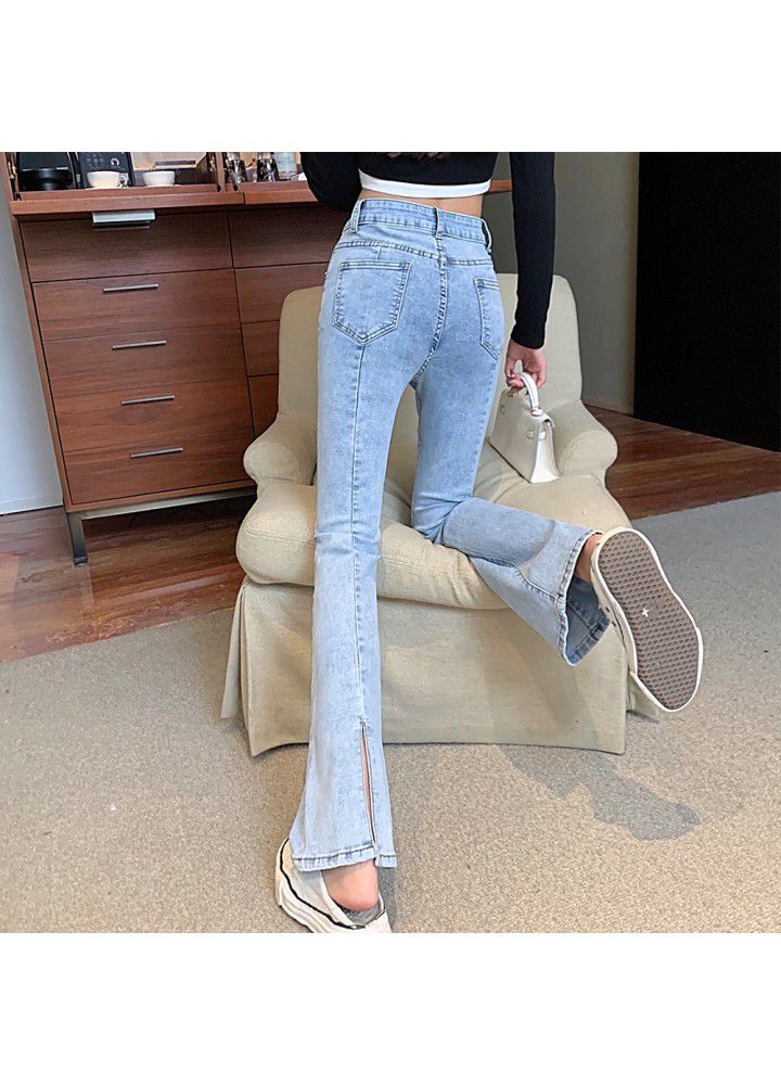 2021 spring Hong Kong style retro chic split flared jeans women's high waisted slim pants