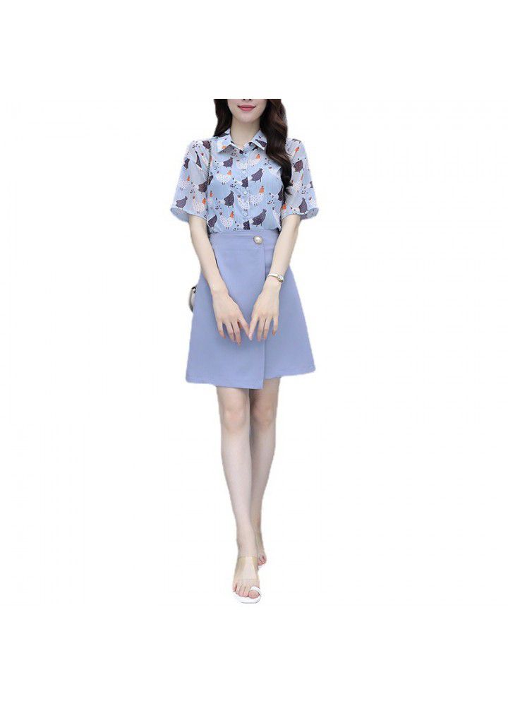 Western style suit skirt 2021 summer new women's temperament Chiffon Top with skirt two piece dress