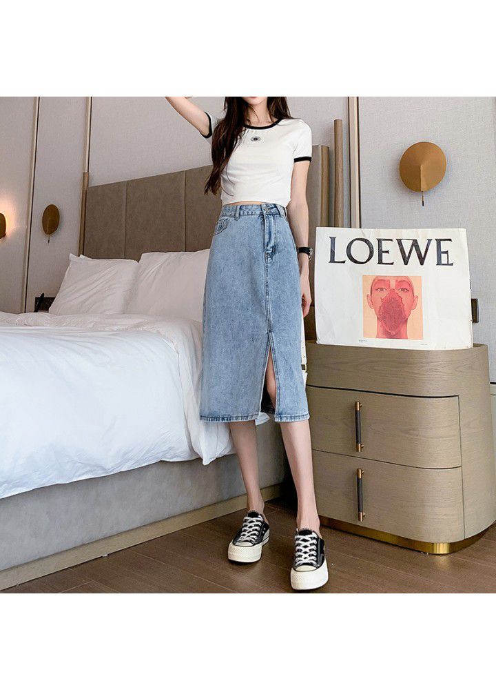 Split length denim skirt women's summer new cotton high waist slim temperament age reduction package hip skirt wholesale