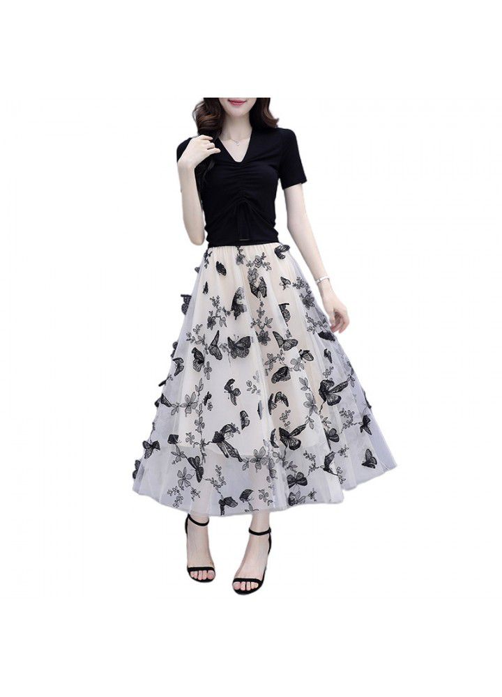 Half length skirt suit 2021 new women's summer style foreign style mesh skirt suit skirt two piece set