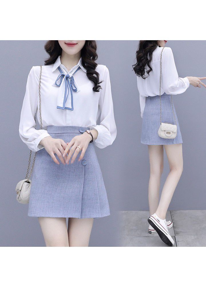 2021 spring new chiffon shirt long sleeve small tie tie tie white shirt skirt two piece set