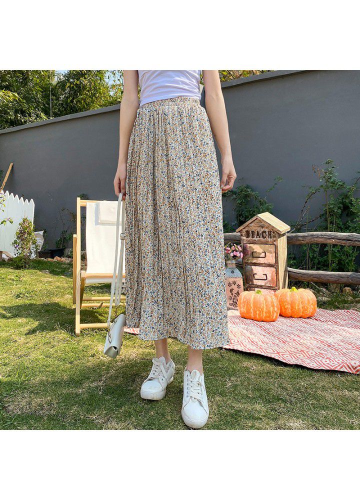 Real shot Chiffon floral skirt women's 2021 spring and summer new Korean high waist small mid length pleated skirt