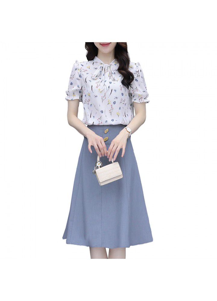 Skirt suit women's summer 2021 new short sleeve design dress with gentle wind and long skirt showing high temperament