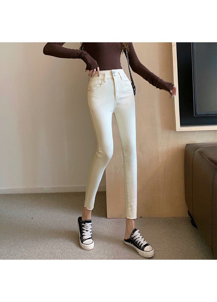 Real photo of beige jeans female 2021 spring new high waist slim tight elastic Leggings pencil pants fashion