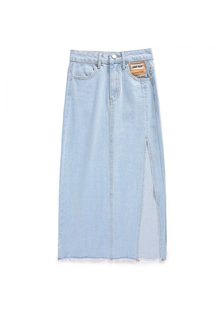 High waist side split denim skirt women's new summer cotton Korean slim fit & slim in middle length A-line skirt