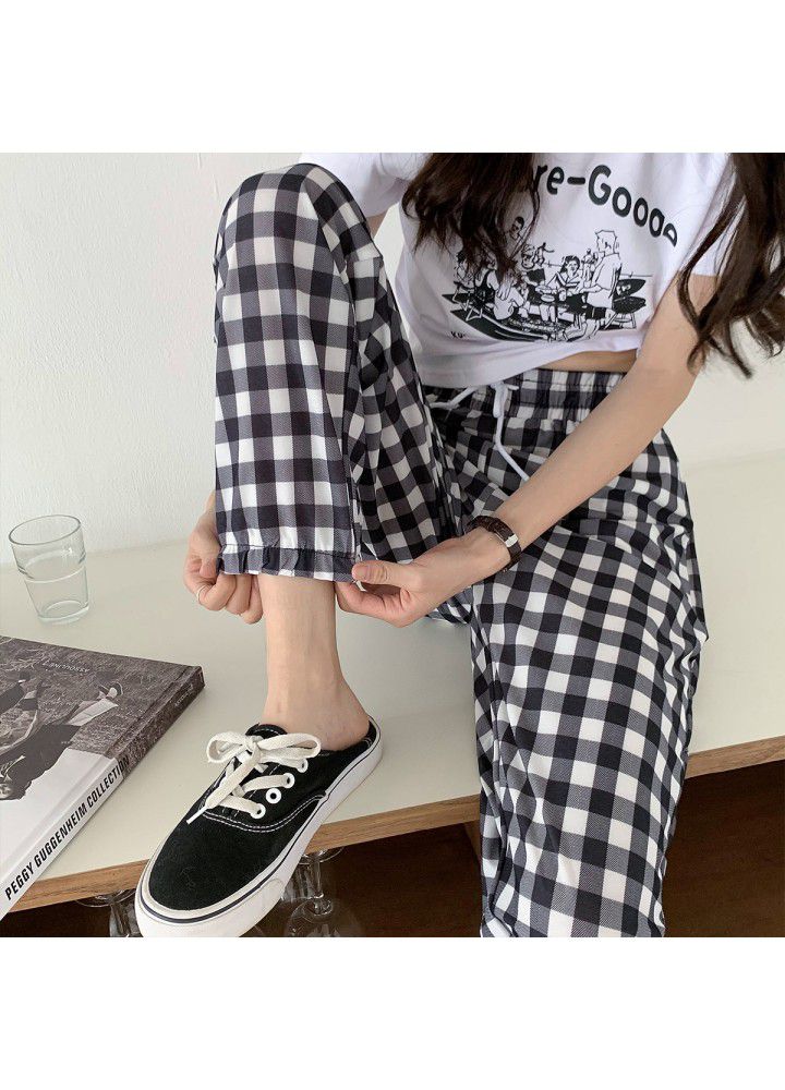 Plaid pants lantern pants summer thin loose wide leg net red casual drawstring quarter sport Leggings