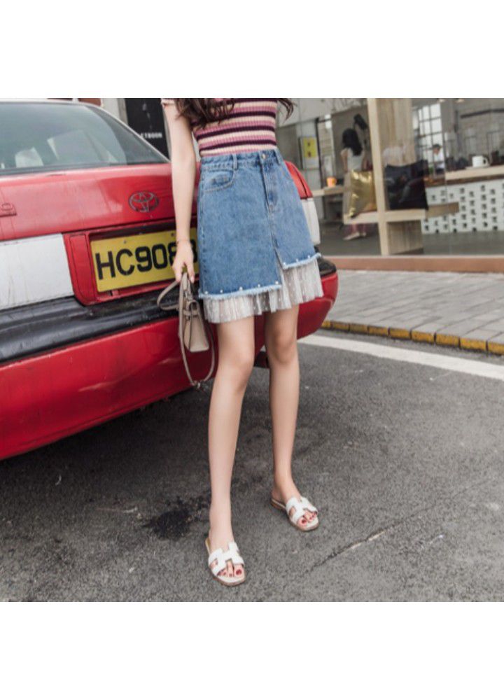 Real shot 2021 summer new Korean versatile high waist mesh splicing denim skirt women's A-line short skirt