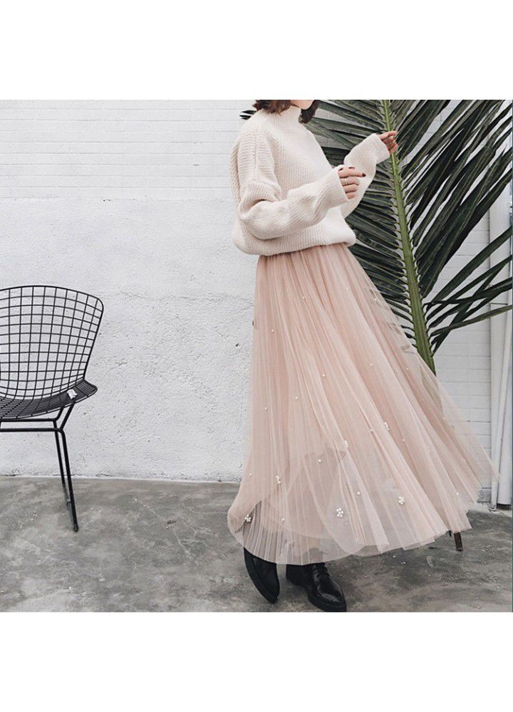 Real shot 2020 spring new Korean women's heavy industry beading fashion versatile gauze skirt