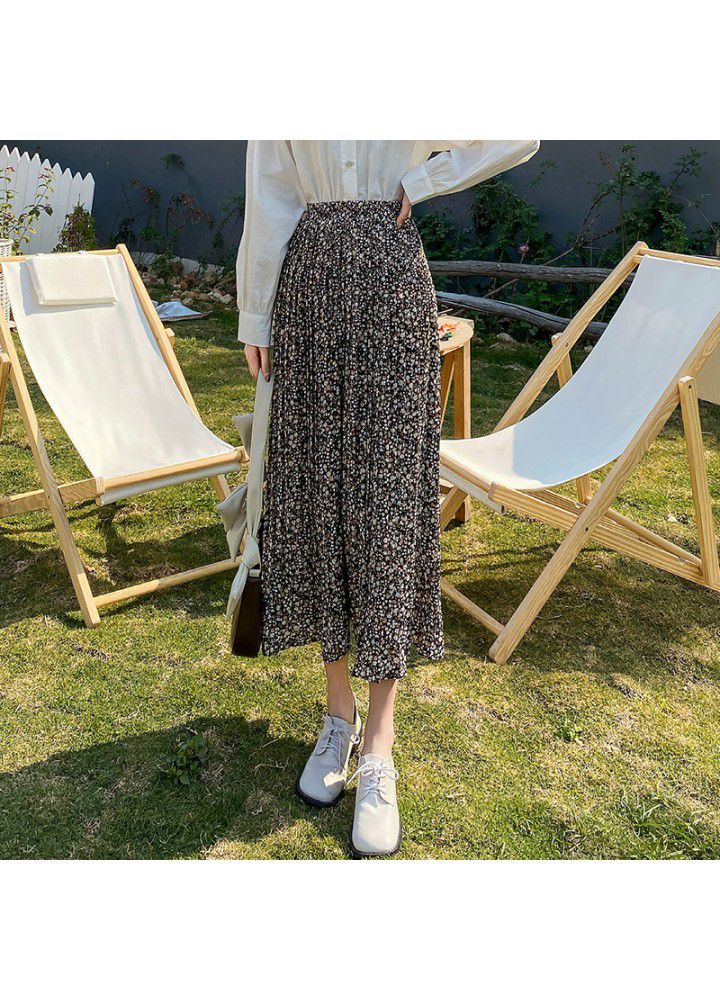 Real shot Chiffon floral skirt women's 2021 spring and summer new Korean high waist small mid length pleated skirt