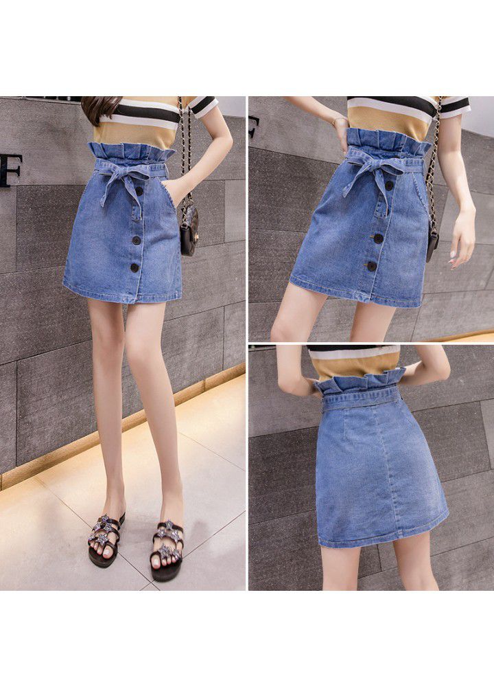 Real shot 2021 summer new Korean versatile bract high waist bow denim skirt women's A-line skirt