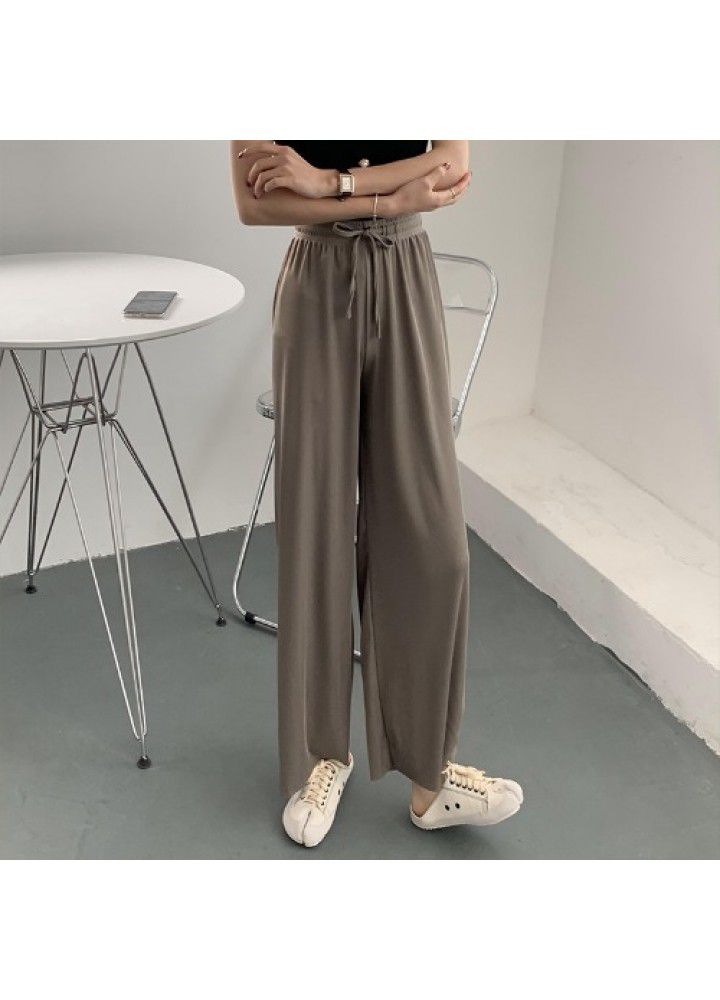 Ice silk wide leg pants women's high waist 2021 summer new thin vertical loose straight knitted casual pants