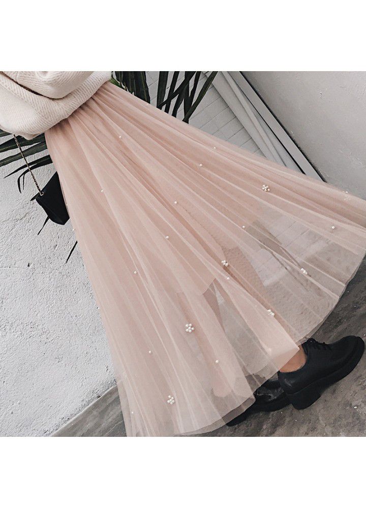 Real shot 2020 spring new Korean women's heavy industry beading fashion versatile gauze skirt