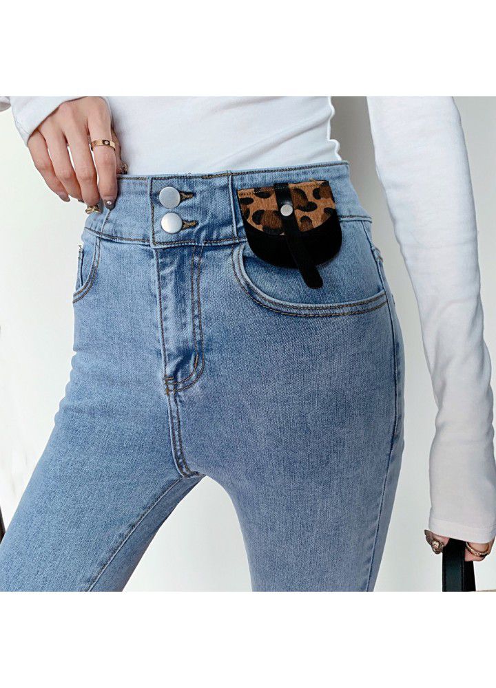 2021 spring and summer high waist jeans female leopard print Han stretch slim pencil pants tight feet 9 points