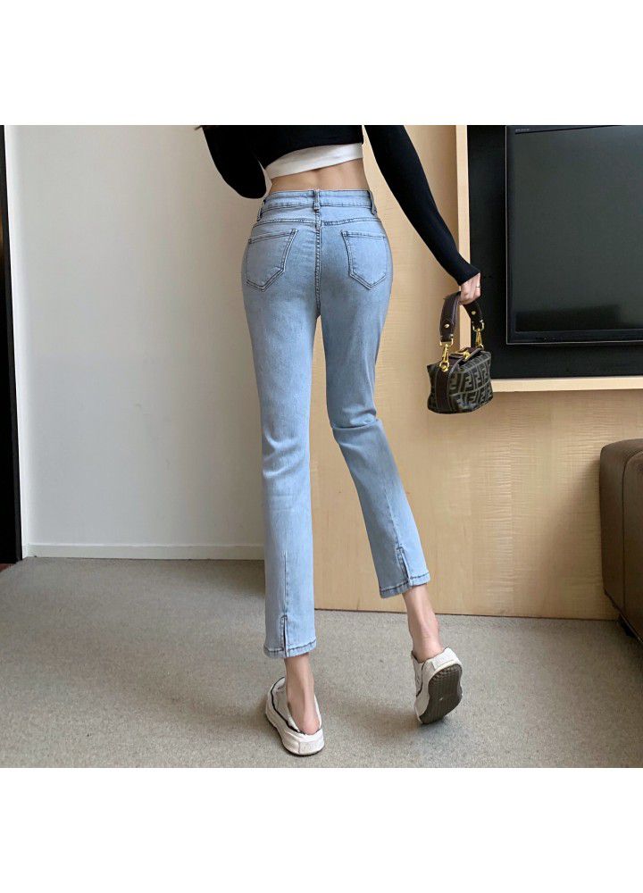 2021 spring new style flannel nine point denim pipe pants with split elastic high waist and straight tube, slim and fashionable