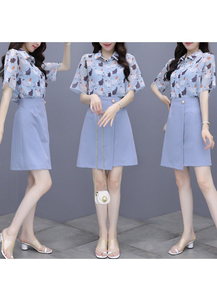 Western style suit skirt 2021 summer new women's temperament Chiffon Top with skirt two piece dress