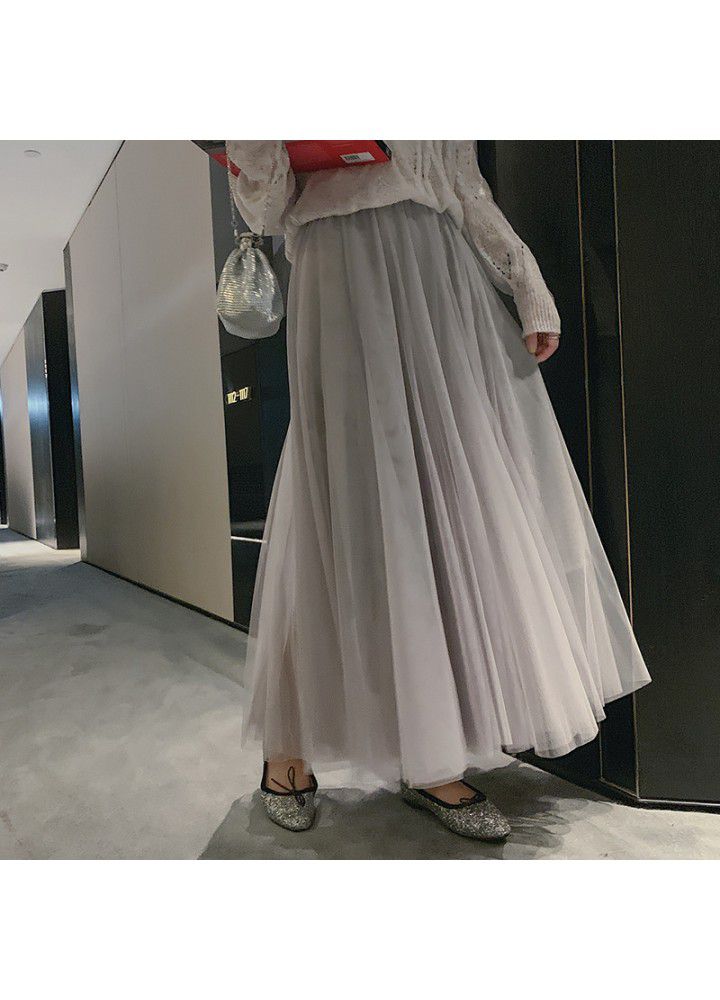 12 colors in 2020 spring new Korean mid long mesh skirt women's high waist slim A-line swing skirt