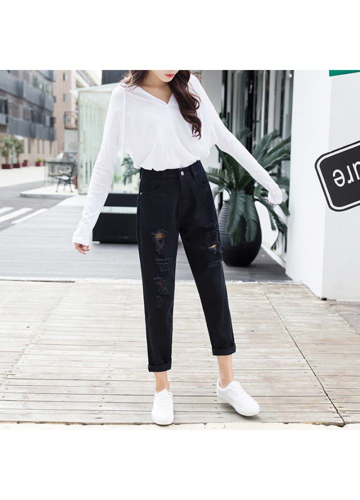 2021 summer new perforated jeans women's Capris Korean fashion BF loose and Slim small foot 9-point Harem Pants