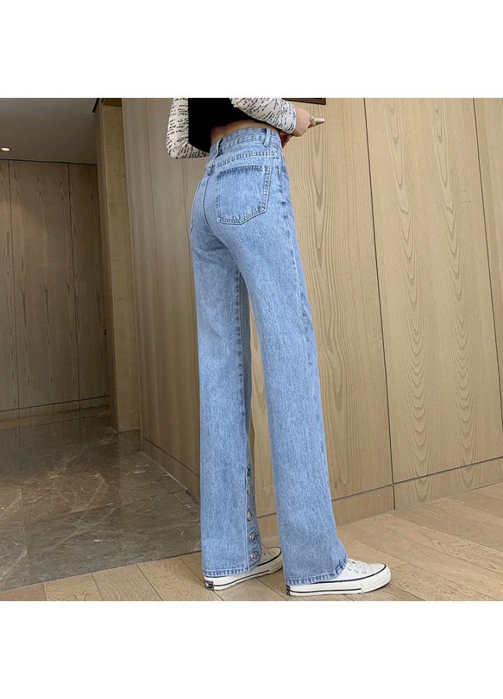 2021 spring and summer new split jeans women's straight tube loose mop pants pants wide leg pants high waist