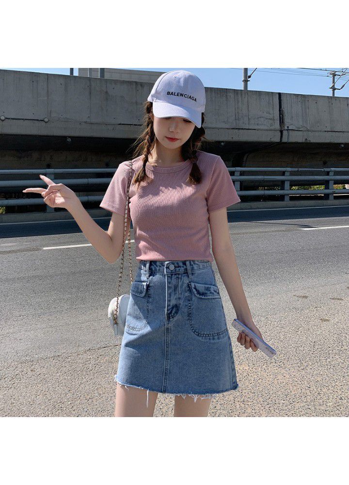 High waist A-line denim skirt women's summer cotton thin fit show thin buttock hairline skirt