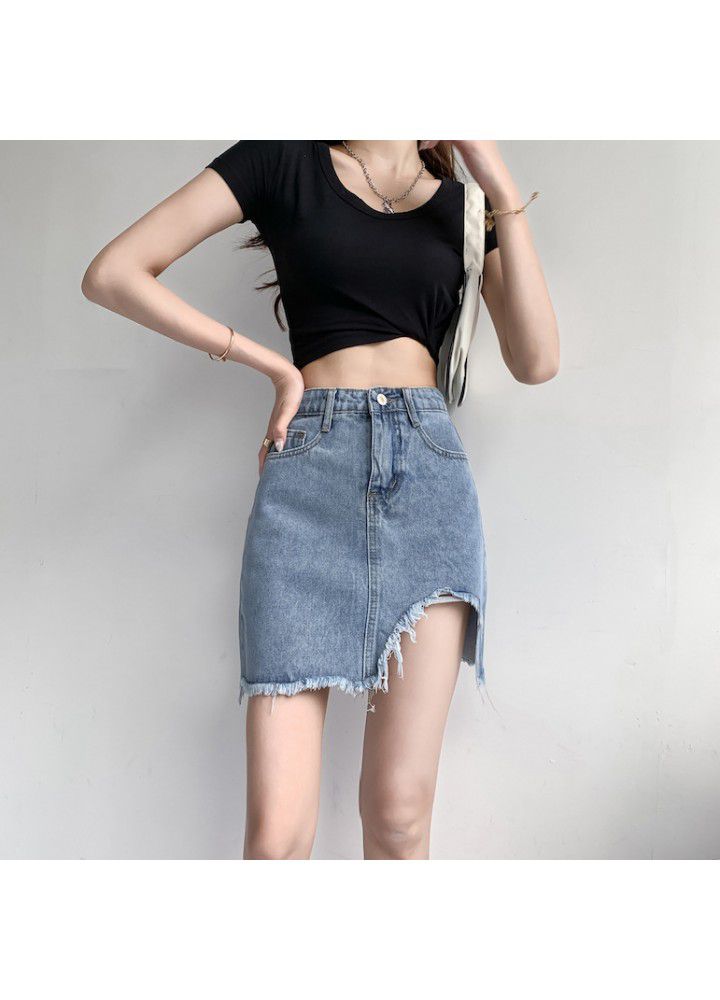 2021 summer thin Denim Short Skirt women's high waist slim fashion random hem skirt a hair substitute
