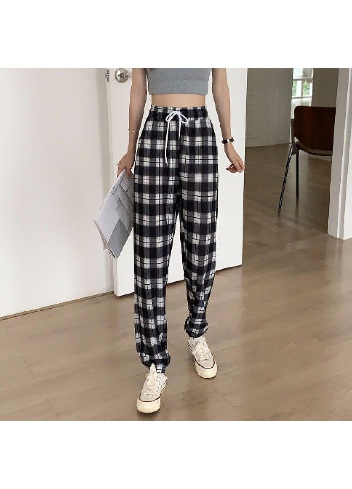Plaid pants lantern pants summer thin loose wide leg net red casual drawstring quarter sport Leggings