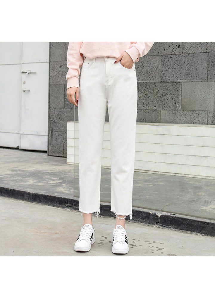 Summer straight white cropped jeans women's wear new Korean slim high waist baggy pants in 2019