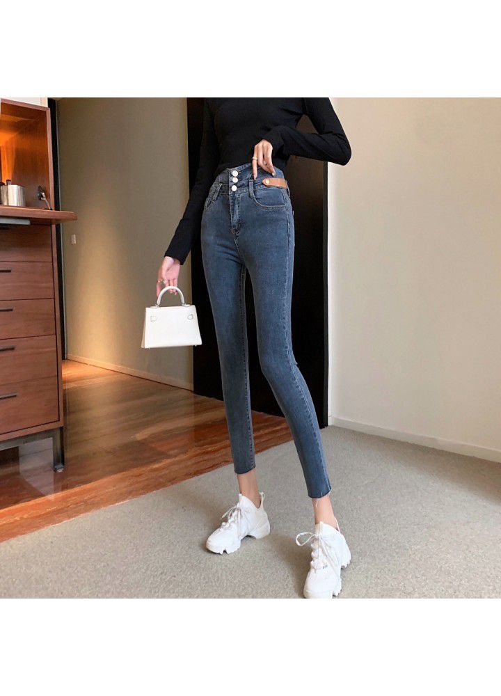 Real shot 2021 spring high waist thin irregular leg jeans women's elastic leather pencil 9 points