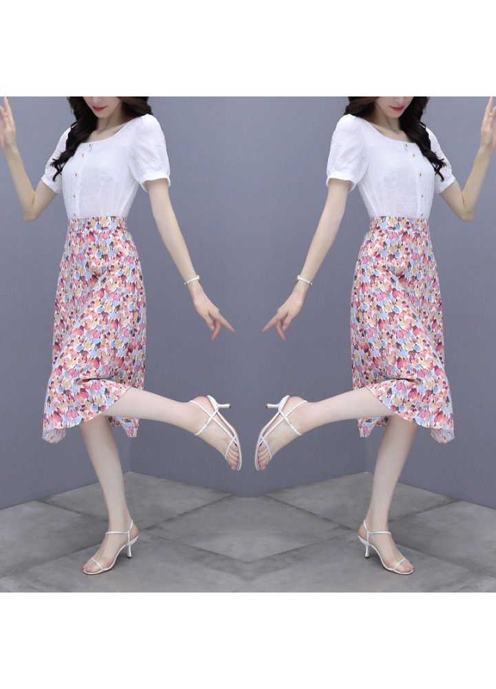 2021 summer new style elegant suit short sleeve half open collar blouse + ink printing skirt
