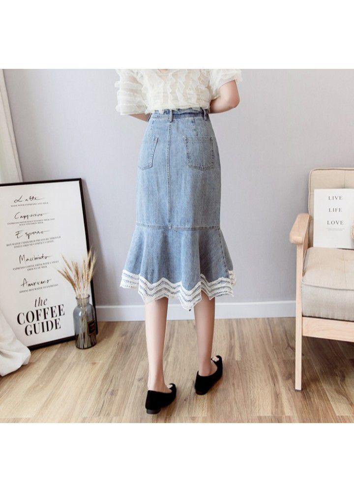 Real shot 2021 summer new Korean versatile high waist lace splicing mid length denim skirt