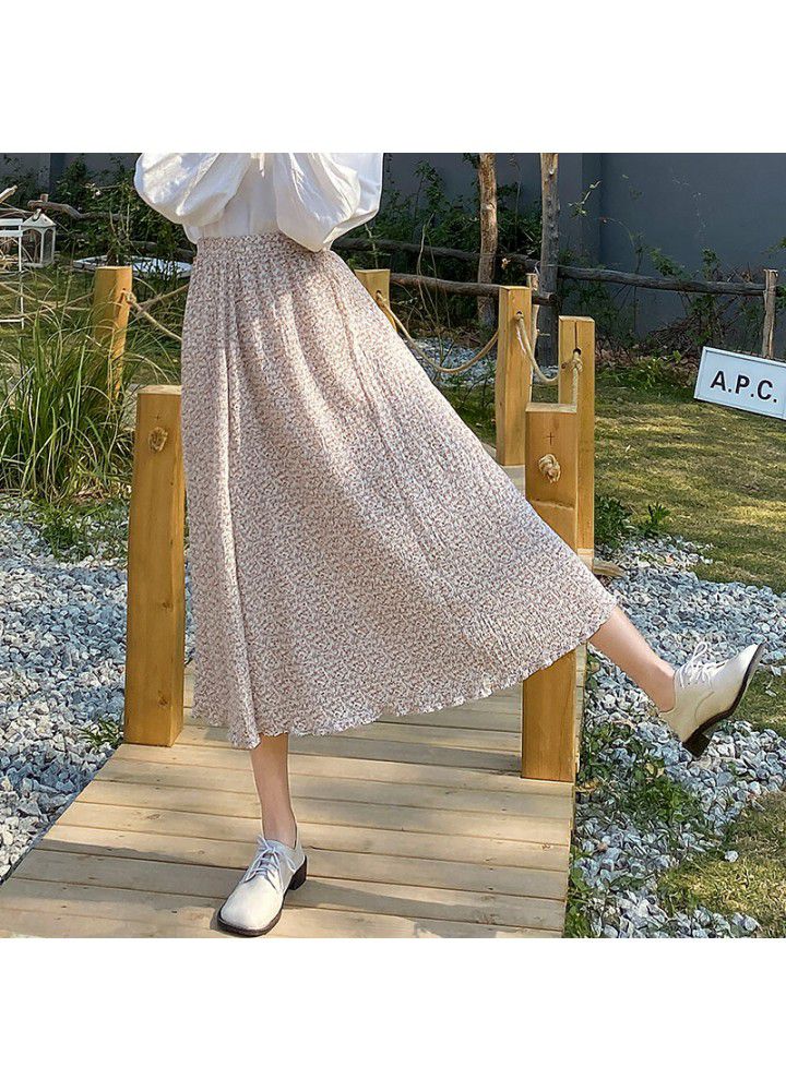 Real photo 2021 summer new chiffon skirt women's high waist pleated print A-line skirt medium length floral skirt