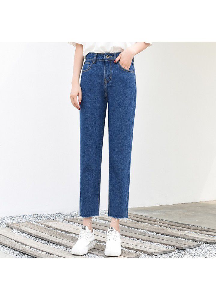Summer straight white cropped jeans women's wear new Korean slim high waist baggy pants in 2019